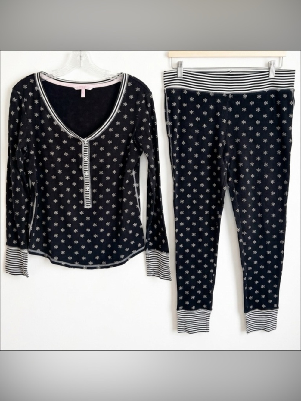 Victoria's Secret Navy Blue with Snowflake Pajama Set, Contrasting Cuffs, Trim